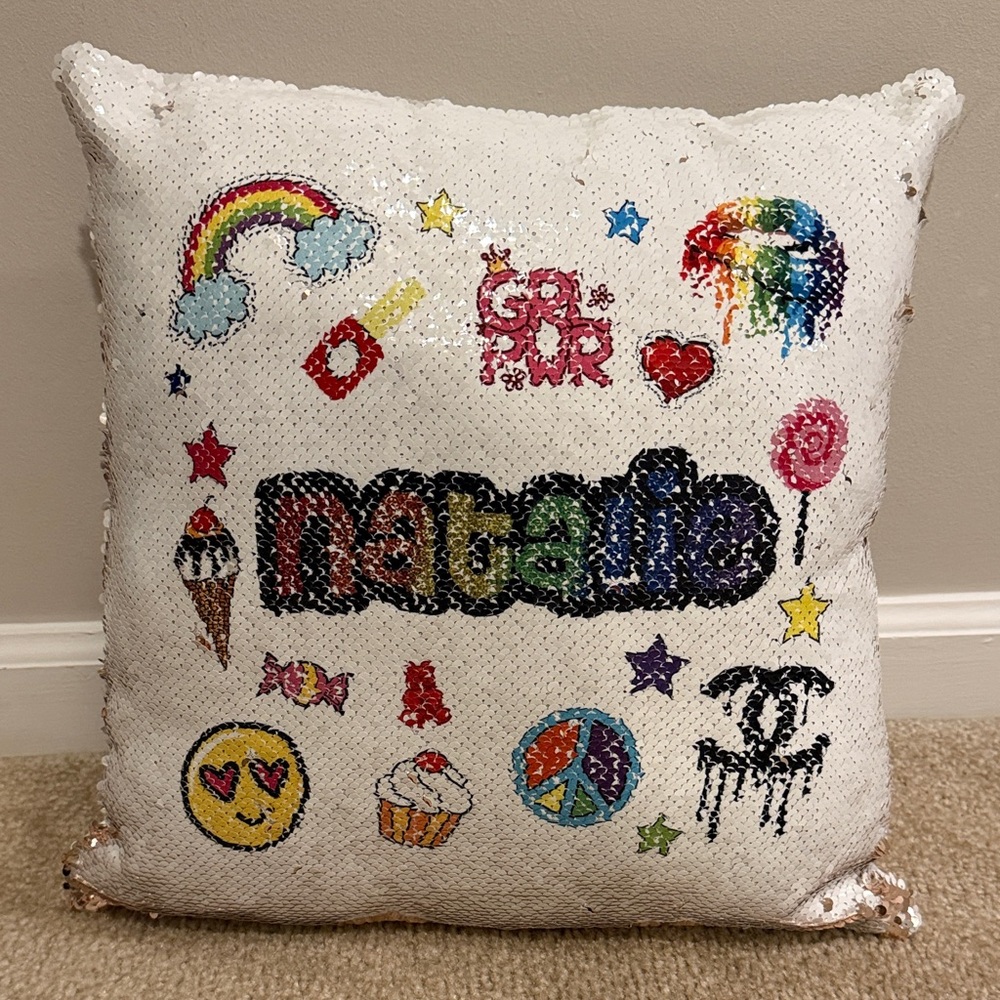 Calling all NATALIEs!! Custom sequins pillow. 14”x14”